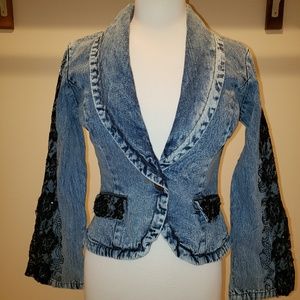 Jeanology Flared Lace Beaded Sleeves Jean Jacket